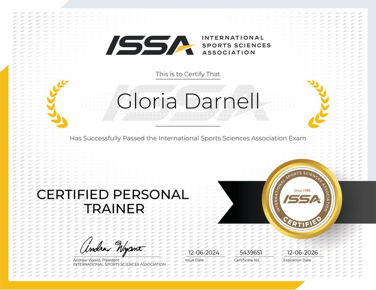 ISSA Certified Personal Trainer certificate for Gloria Darnell