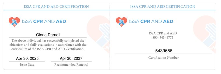 ISSA CPR and AED certification card for Gloria Darnell