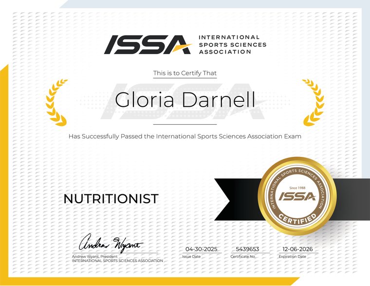 ISSA Certified Nutritionist certificate for Gloria Darnell