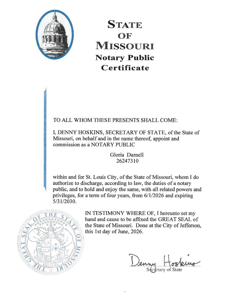 State of Missouri Notary Public commission certificate for Gloria Darnell